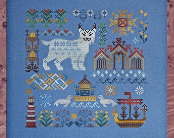 Ship from US, Owlforest Embroidery, Cross Stitch Kit,  "Lynx", Hyperborea series, winter, Nordic, folktale, architecture, motif sampler