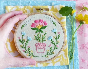 Learn Embroidery Kit "Flower Pot", summer fun craft teen tween therapeutic beginner floral hand embroidery preprinted pattern stitch guide