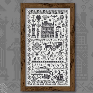 Cross Stitch, "Black Vintage Sampler", OwlForest Embroidery, pattern, variegated floss fabric set, fun eccentric elements, steampunk vibe