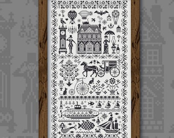 Cross Stitch Set "Black Vintage Sampler" OwlForest Embroidery pattern variegated floss fabric set fun eccentric elements steampunk