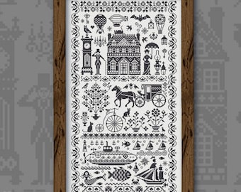 Cross Stitch, "Black Vintage Sampler", OwlForest Embroidery, pattern, variegated floss fabric set, fun eccentric elements, steampunk vibe