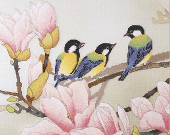 Counted Cross Stitch Kit, "The Spring Comes", birds on magnolia tree, original watercolor design, spring, garden cross stitch, Xiu Crafts