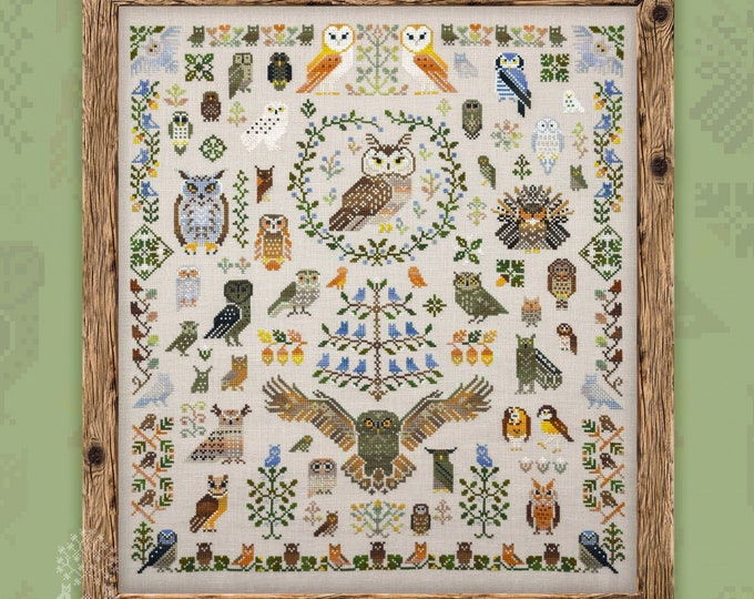 Featured listing image: Cross Stitch Kit, "100 Owls", OwlForest Embroidery, owl sampler, woodland bird, owl cross stitch, bird sampler, hand-dyed floss, great gift