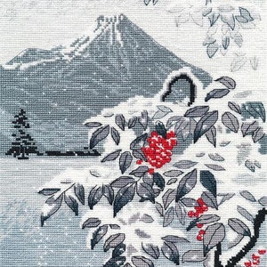Cross Stitch Kit, &quot;Winter Landscape with Mountain Ash&quot;, mountain ash tree, red berry, snow landscape, mountain peak, winter scene, sorbus