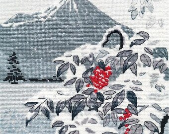 Cross Stitch Kit, "Winter Landscape with Mountain Ash", mountain ash tree, red berry, snow landscape, mountain peak, winter scene, sorbus