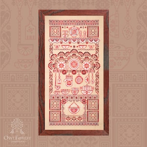 Cross Stitch Printed Pattern, &quot;Kitchen Corner&quot;, OwlForest Embroidery, cookware sampler, kitchen theme motifs,  intricate, festivity, folk