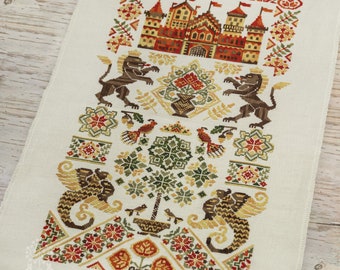 Cross Stitch Printed Pattern, “Red Castle Guardians”, Owlforest Embroidery, medieval animal, lion griffin bird, floral border tower sampler