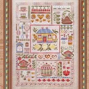 Cross Stitch Pattern, Floss, Fabric, &quot;Tea Sampler&quot; Owlforest Embroidery Printed Pattern, tea lover sampler, teapot tea cup cottage core fun