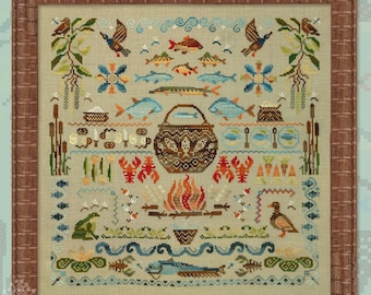 Cross Stitch Kit, "Ukha", OwlForest Embroidery, fish soup, fish sampler, crayfish, duck, frog, kitchen sampler, cooking cross stitch,