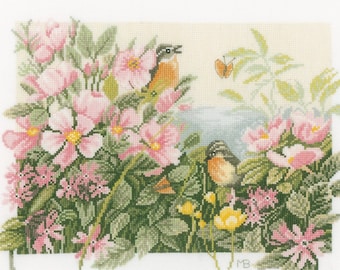 Cross Stitch Kit, "Birds and Roses", Marjolein Bastin, pink rose bush, butterfly, bird, floral, English summer garden, cottagecore, Lanarte