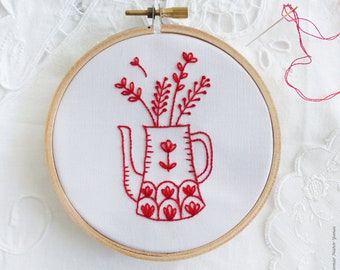 Embroidery Kit "Red Vase", holiday craft teen tween fun therapeutic beginner hand embroidery preprinted pattern stitch guide