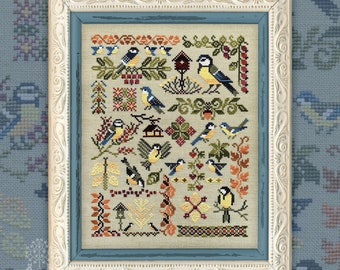 Ship from US, Owlforest Embroidery, Cross Stitch Printed Pattern, "Titmice", backyard birds series, titmouse, beautiful bird, garden sampler