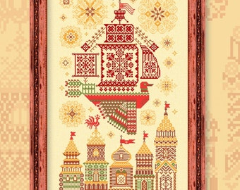 Cross Stitch Printed Pattern, "Flying Ship - Day" OwlForest Embroidery intricate exotic theme magical imaginative Slavic setting