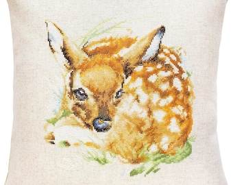 Cross Stitch Kit "Sweet Fawn" decorative pillow cover adorable baby deer forest animal wildlife handmade nature home decor Luca-S DIY kit