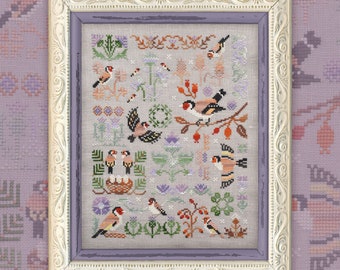 Cross Stitch Pattern, Floss Set, "Goldfinches", OwlForest Embroidery, backyard bird sampler, garden, nature, hand-dyed DMC floss