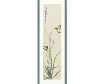 Cross Stitch Kit, "Narcissuses in Blossom", white daffodil, tall narrow cross stitch, garden, floral, bird, oriental, asian art, Xiu Crafts