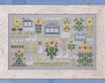 Cross Stitch Set "Geese and Sunflowers" OwlForest Embroidery sunflower goose garden farm cottage farmhouse white fence cute cross stitch