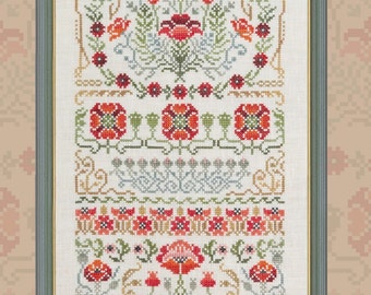 Cross Stitch "Gorgeous Poppy" OwlForest Embroidery 40CT intricate floral beautiful border sampler hand-dyed variegated floss printed pattern