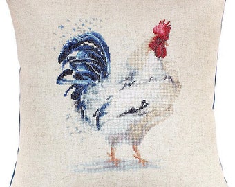 Cross Stitch Kit "Rooster" decorative pillow cover gorgeous rooster portrait animal handmade farmhouse chicken decor country cottagecore