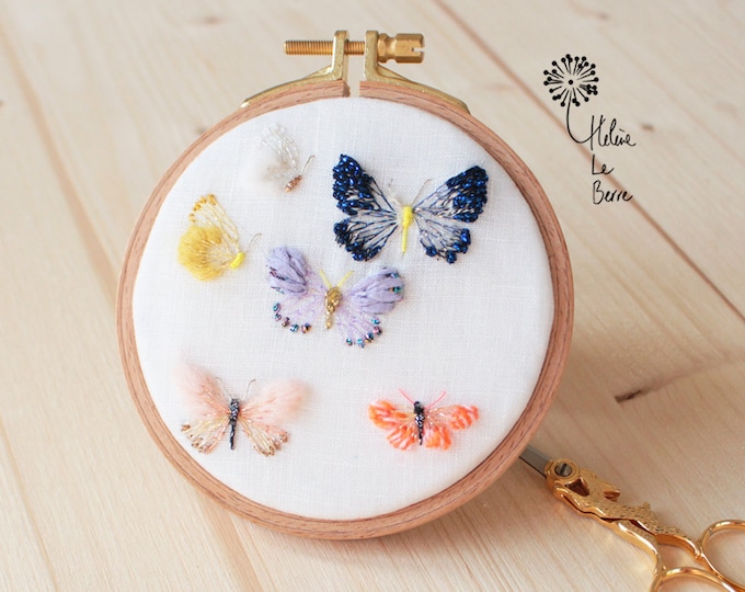 Featured listing image: Embroidery Kit, "Hairstreak", by French maker, Hélène Le Berre, Hairstreak Butterflies, beautiful butterfly sampler with beads, flosses