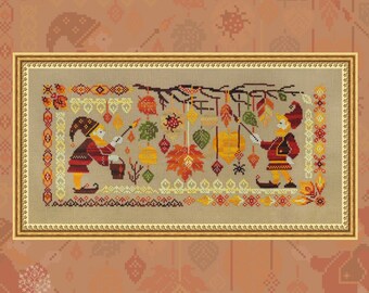 Cross Stitch Printed Pattern, “Gnome Studio. Painting”, Owlforest Embroidery Fall autumn colorful leaves sampler elves gnome cottagecore