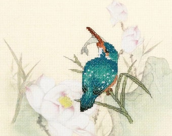 Counted Cross Stitch Kit "Kingfisher",  beautiful nature scene, hoop included, easy fun beginner project, printed background, great gift