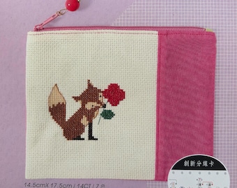 Cross Stitch Kit "Fox" pre-sewn zipper coin purse organizer cosmetic bag learn counted cross stitch fun beginner unique handmade gift