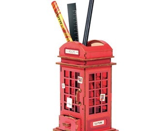 DIY Pen Holder Kit, vintage London phone booth design, fun craft kit, desk accessories, great gift, beginner 3D puzzle, wood craft