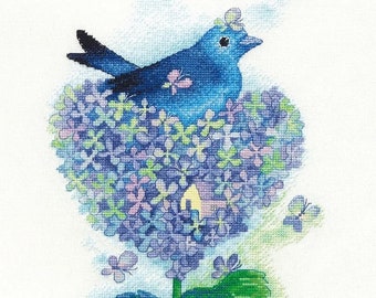 Cross Stitch Kit, "Bird with Flowers", counted cross stitch, hydrangea, butterfly, heart, love, blue bird, modern, chic, fantasy, Xiu Crafts