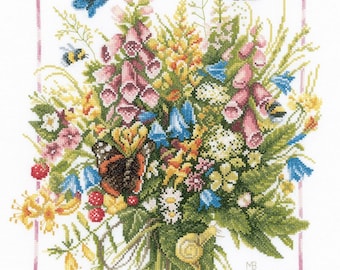 Cross Stitch Kit, "Summer Bouquet", Marjolein Bastin, colorful summer blossoms, butterfly, strawberry, snail, garden cross stitch, Lanarte