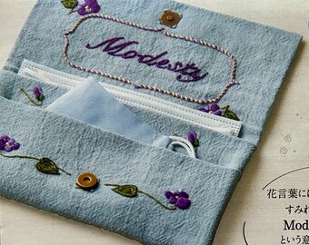Hand Embroidered DIY Pouch Kit  "Modesty Violet" embroidery sewing mask organizer wallet purse flower meaning fun unique handmade gift Japan