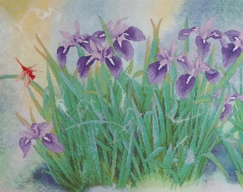 Counted Cross Stitch Kit, "Charming Iris", Xiu Crafts, original watercolor art, purple iris, red dragonfly, garden cross stitch, great gift