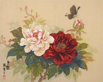 Cross Stitch Kit, "Peony", Beauty Spectacle, rich-colored blossoms spring summer garden white peony crimson peony butterfly rich-color