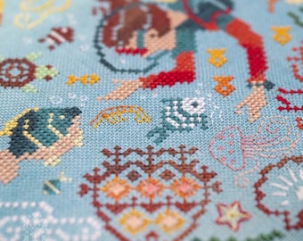 Cross Stitch Kit "Southern Seas Beauty" OwlForest Embroidery hand-dyed floss sea diving ocean marine life fish seahorse shell coral ships