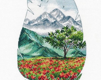 Cross Stitch Kit, Mountain collection, unique feather outline, magnificent mountain peak, wildflower field, nature, wildness, Oven Co.