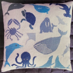 Cross Stitch Kit, &quot;Ocean Life - Blue&quot;, Danish Handcraft Guild, marine life sampler, pillow cover, contemporary, fun, Haandarbejdets Fremme