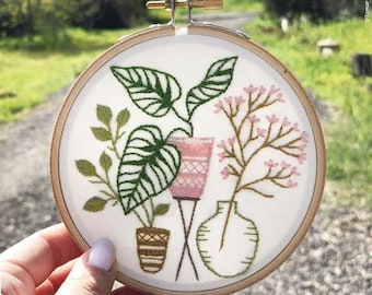 Embroidery Kit " Pink and Green Leaves", summer fun craft teen tween therapeutic beginner hand embroidery preprinted pattern stitch guide