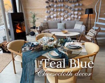 Teal Blue Boho Wedding Ideas Cheese Cloth Runner Hand Dyed Cotton Gauze Table Decor Bridal Shower Party Decor Modern Sheer Table Centerpiece