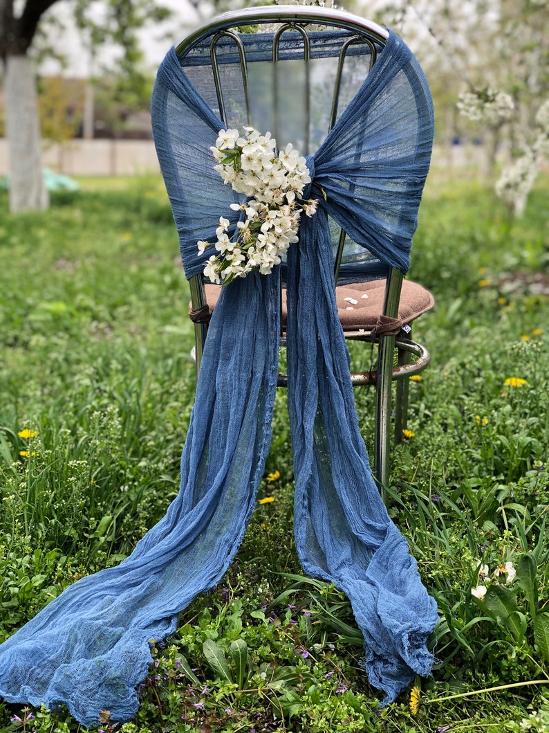 Classic Blue Chair Sash Cheesecloth Any Color Boho Wedding Decor Chair Cover Pew Bows Gauze Chiavari Cover Rustic Gauze Sashes Sand Ceremony Bild 1