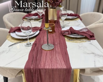 Marsala Wedding Cheesecloth Table Runner – Hand Dyed Gauze Table Decor for Boho Wedding, Rustic Party, Wine Red Cotton Rustic Wedding Runner