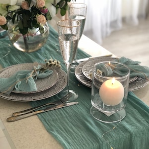 Vintage Pastel Teal Boho Cheesecloth Table Runner Many Color Narrow Farmhouse Table Boho Wedding Decor Cotton Scrim Altar Cloth Modern Sheer