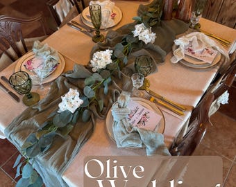 Olive Wedding Table Runner, Cheesecloth runner, Sage Gauze Table Decor, Rustic Boho Wedding Centerpiece, Organic Natural Wedding Aesthetic