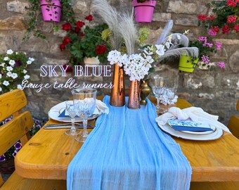 Sky Blue Cheesecloth Wedding Table Runner Hand Dyed Gauze Wedding Decor Many Colors Boho Bridal Shower Party Raw Edges Baby Shower Runner