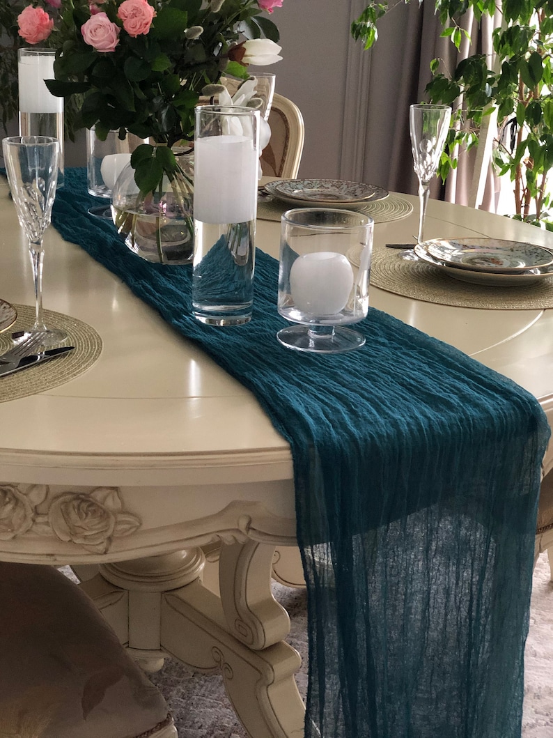 Teal Blue Cheese Cloth Table Runner Many Color Chic Wedding Etsy