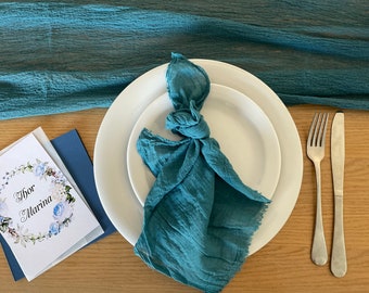 Teal Blue Cotton Napkins Set of 4 Boho Wedding Dinner Napkins Hand Dyed Cotton Table Napkins with Raw Edges Farmhouse Wedding Linens Napkins