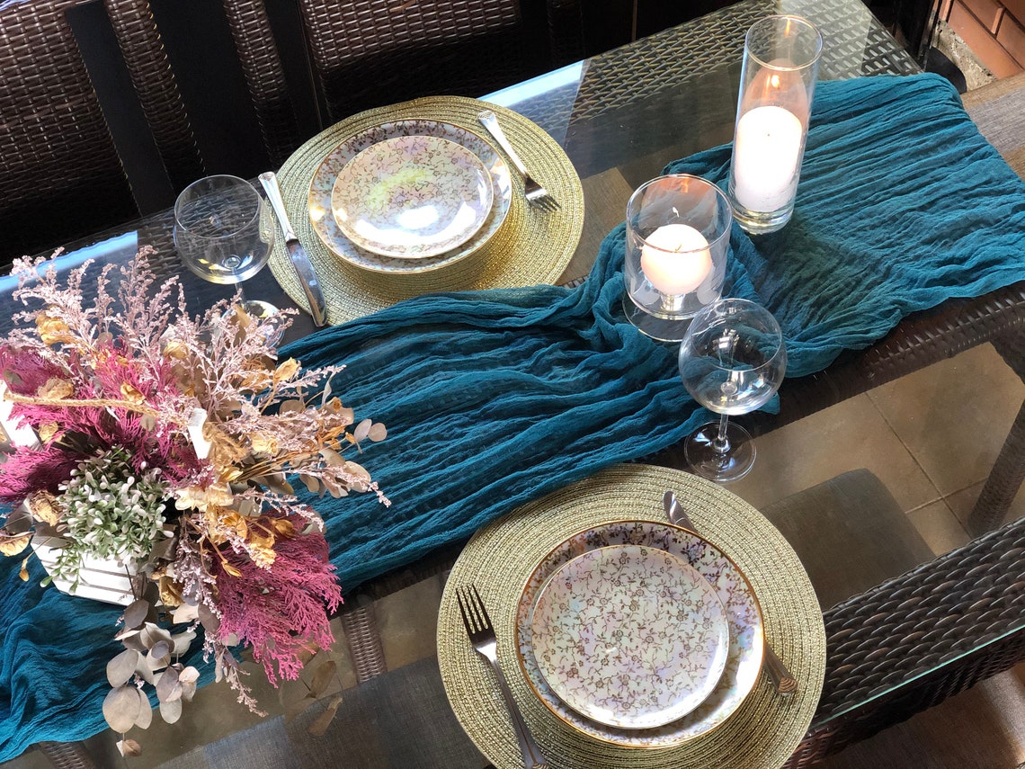Teal Blue Cheese Cloth Table Runner Many Color Chic Wedding Etsy