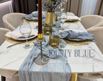 Dusty Blue Wedding Table Decor Cheese Cloth Runner Hand Dyed Gauze Fabric Boho Wedding Ideas Bridal Shower Party Decor Table Centerpiece