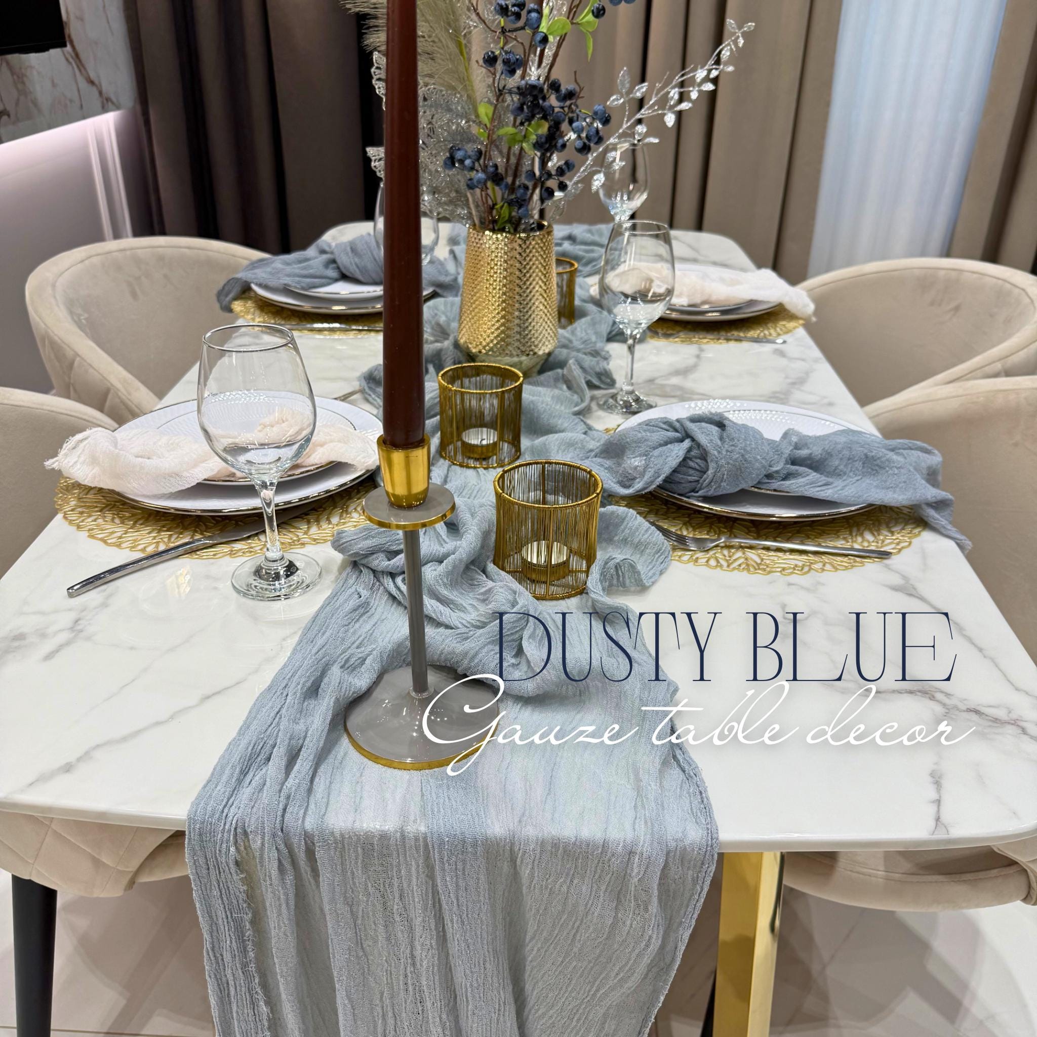 Dusty Blue Wedding Table Decor Cheese Cloth Runner Hand Dyed Gauze