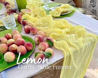 Lemon Boho Table Runner Cheese Cloth Runner Hand Dyed Fabric Gauze Table Decor Rustic Wedding Table Runner Bridal Shower Party Farmhouse