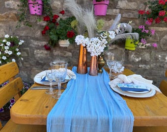 Sky Blue Gauze Table Runner ideal for Beach Wedding Theme Hand Dyed CheeseclothRustic Wedding Centerpiece Decor Sand Ceremony Arbor Drape